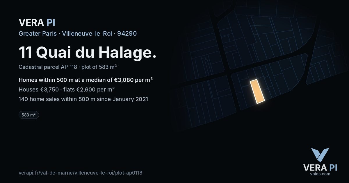 11 Quai du Halage, Villeneuve-le-Roi at night – the plot lit, the parcels around coloured by the prices near them