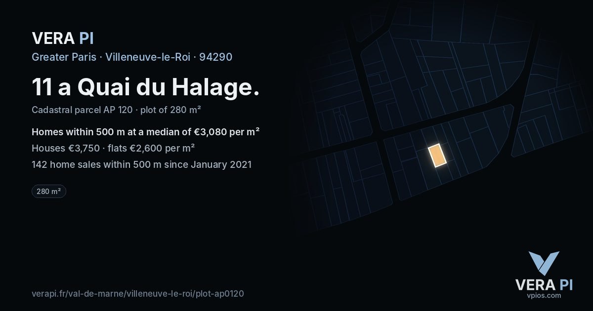 11 a Quai du Halage, Villeneuve-le-Roi at night – the plot lit, the parcels around coloured by the prices near them