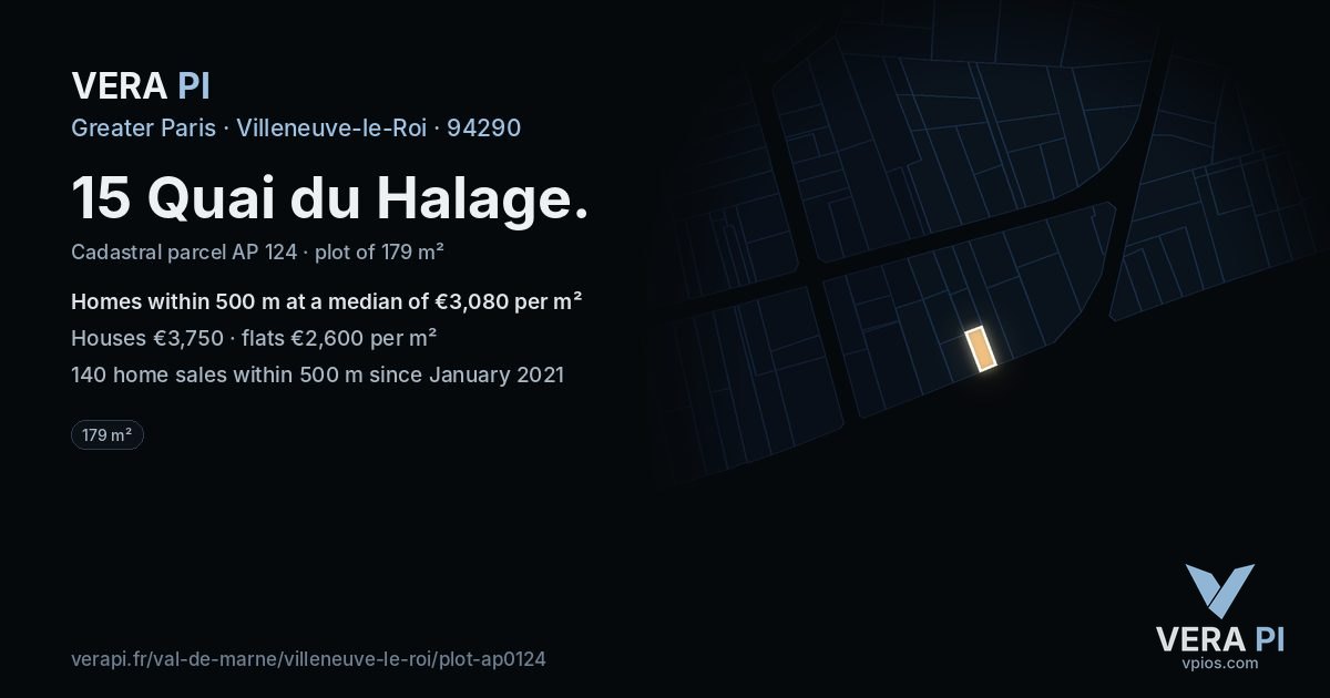 15 Quai du Halage, Villeneuve-le-Roi at night – the plot lit, the parcels around coloured by the prices near them