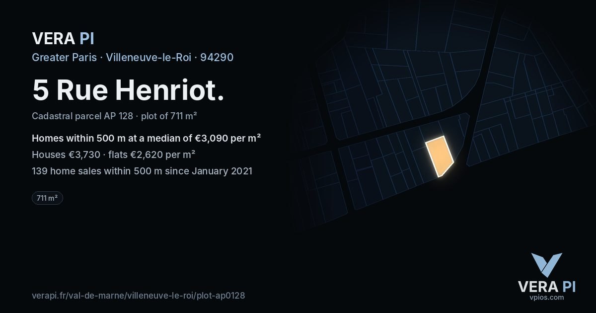 5 Rue Henriot, Villeneuve-le-Roi at night – the plot lit, the parcels around coloured by the prices near them