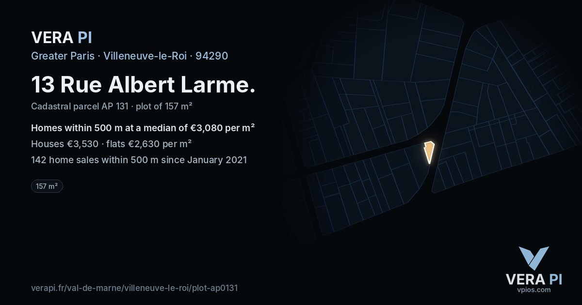 13 Rue Albert Larme, Villeneuve-le-Roi at night – the plot lit, the parcels around coloured by the prices near them