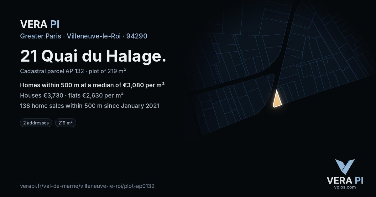 21 Quai du Halage, Villeneuve-le-Roi at night – the plot lit, the parcels around coloured by the prices near them