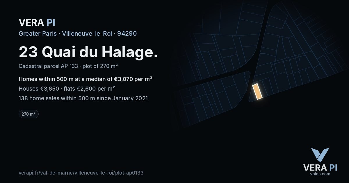 23 Quai du Halage, Villeneuve-le-Roi at night – the plot lit, the parcels around coloured by the prices near them
