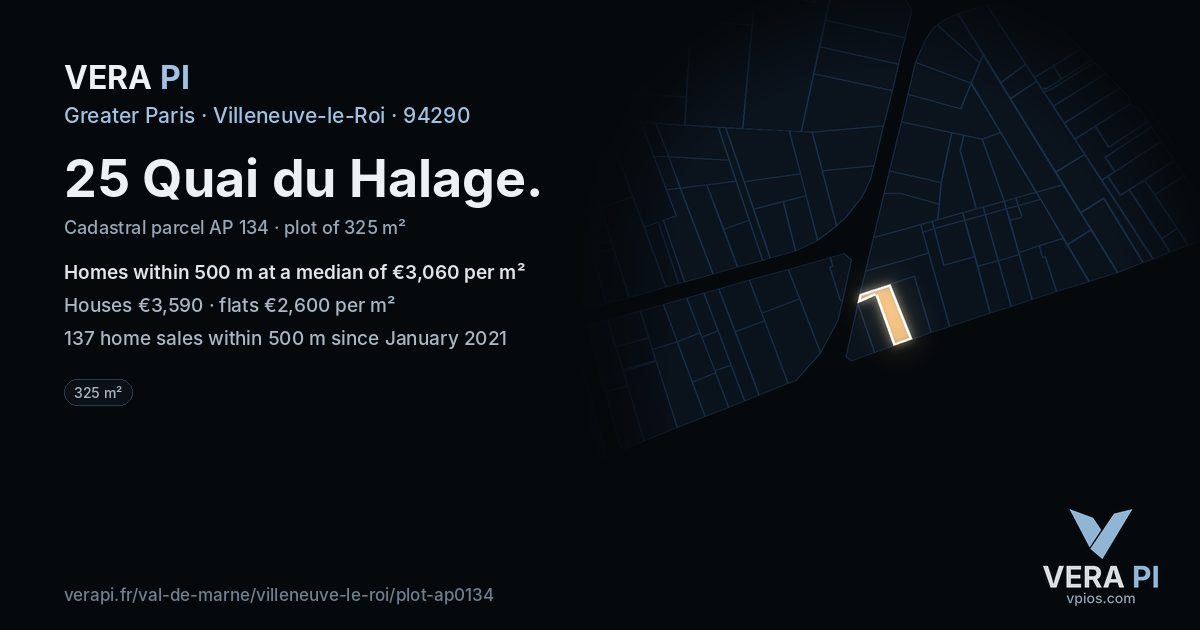 25 Quai du Halage, Villeneuve-le-Roi at night – the plot lit, the parcels around coloured by the prices near them