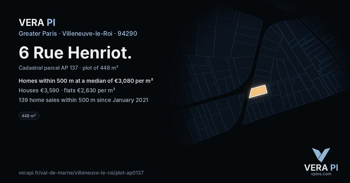 6 Rue Henriot, Villeneuve-le-Roi at night – the plot lit, the parcels around coloured by the prices near them