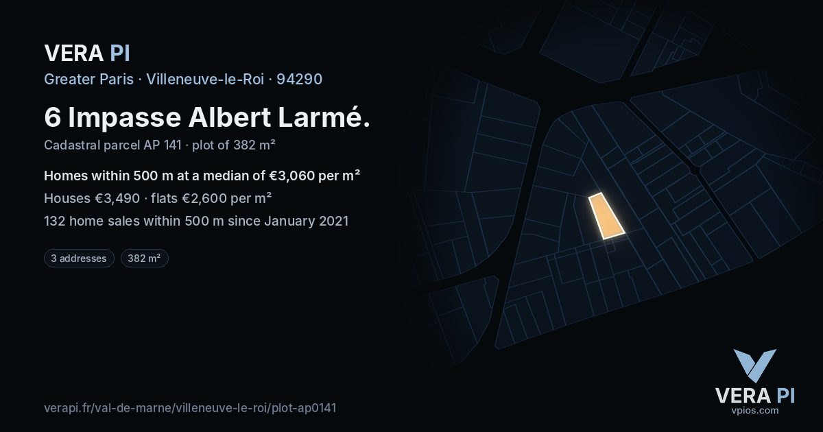 6 Impasse Albert Larmé, Villeneuve-le-Roi at night – the plot lit, the parcels around coloured by the prices near them