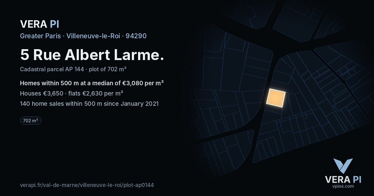 5 Rue Albert Larme, Villeneuve-le-Roi at night – the plot lit, the parcels around coloured by the prices near them