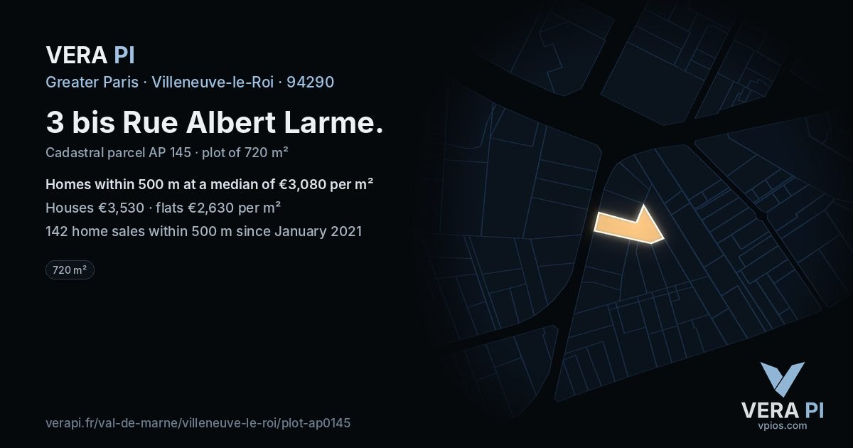 3 bis Rue Albert Larme, Villeneuve-le-Roi at night – the plot lit, the parcels around coloured by the prices near them