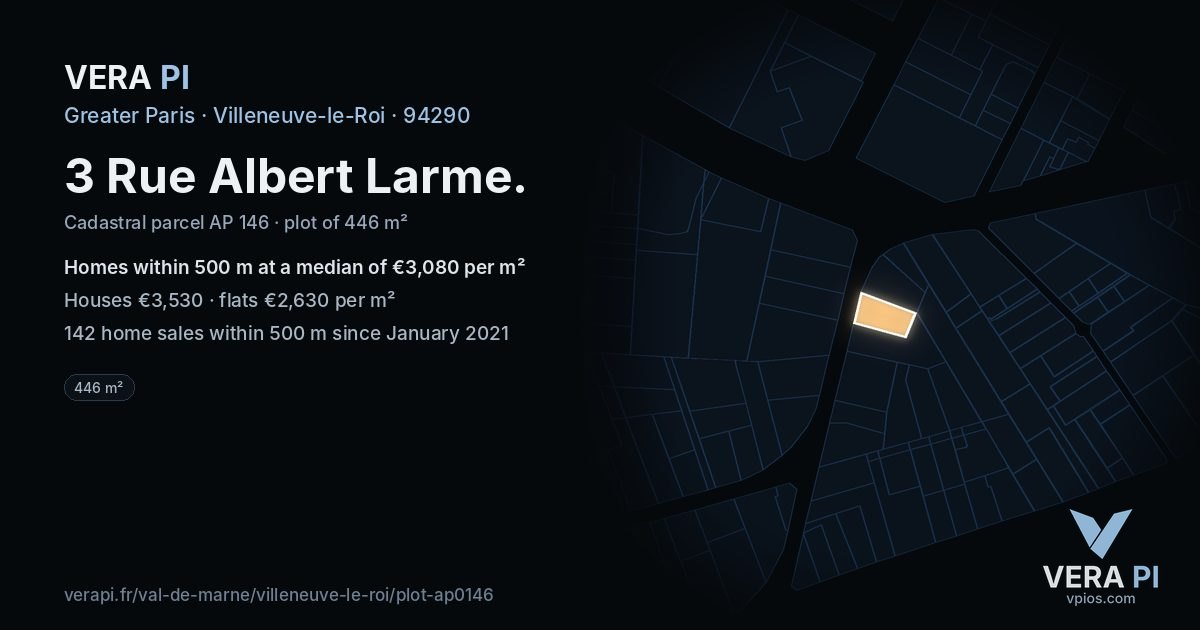 3 Rue Albert Larme, Villeneuve-le-Roi at night – the plot lit, the parcels around coloured by the prices near them