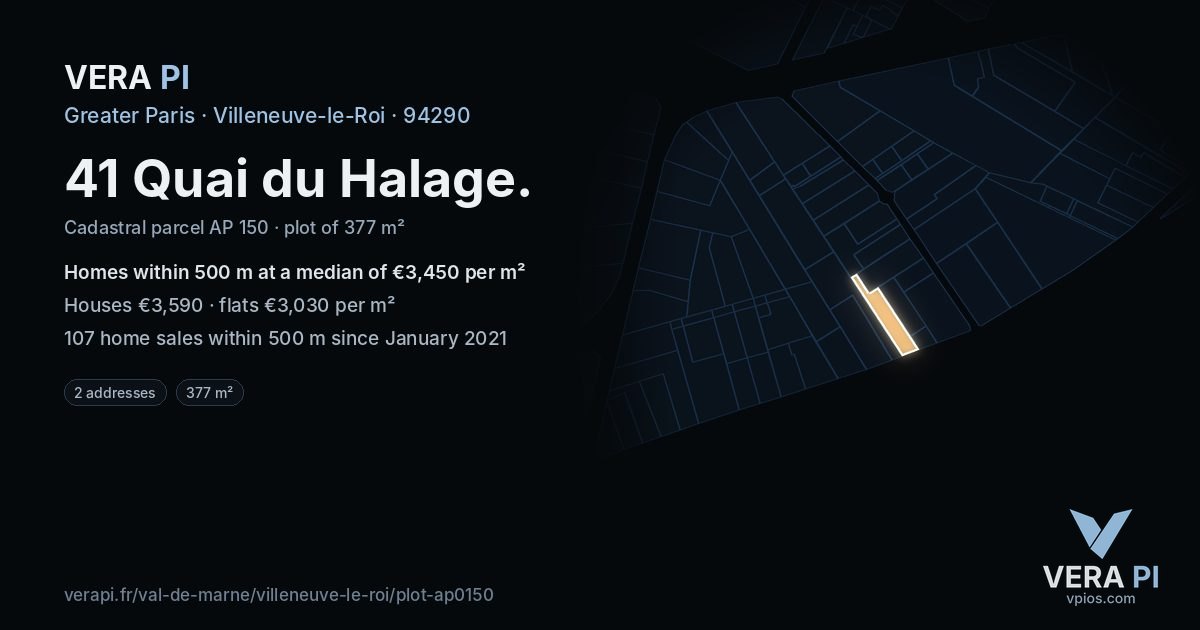 41 Quai du Halage, Villeneuve-le-Roi at night – the plot lit, the parcels around coloured by the prices near them