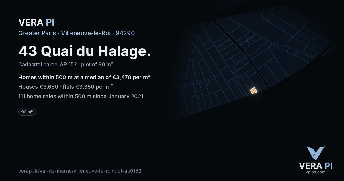 43 Quai du Halage, Villeneuve-le-Roi at night – the plot lit, the parcels around coloured by the prices near them