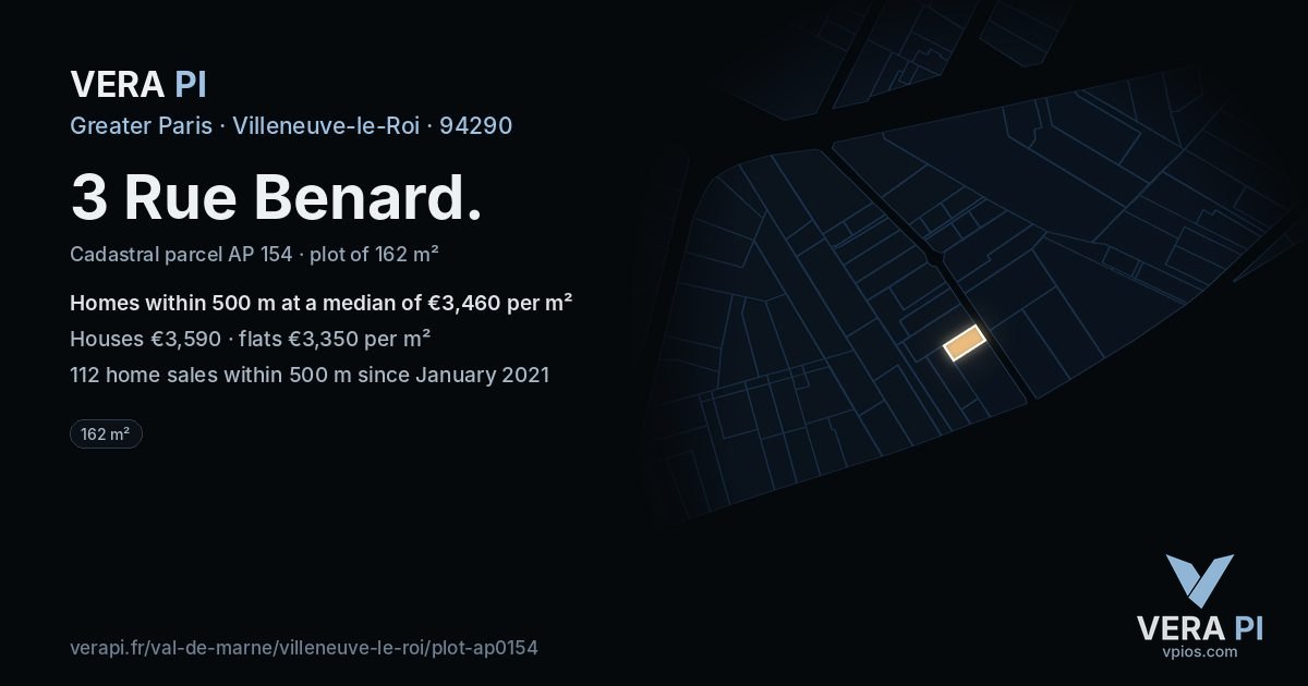3 Rue Benard, Villeneuve-le-Roi at night – the plot lit, the parcels around coloured by the prices near them