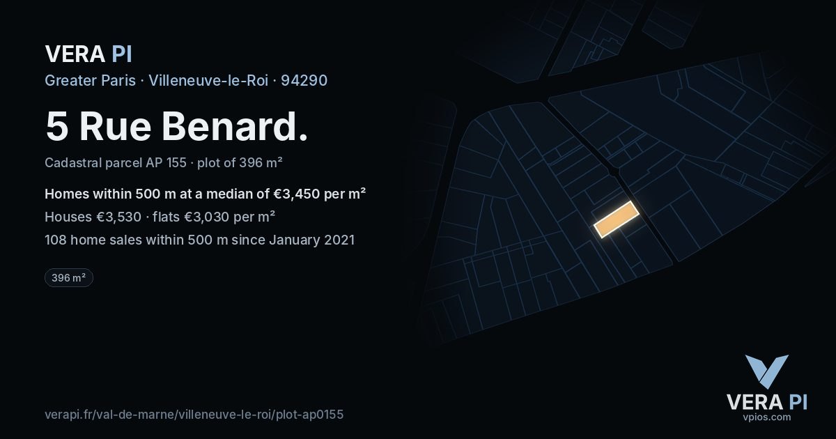 5 Rue Benard, Villeneuve-le-Roi at night – the plot lit, the parcels around coloured by the prices near them