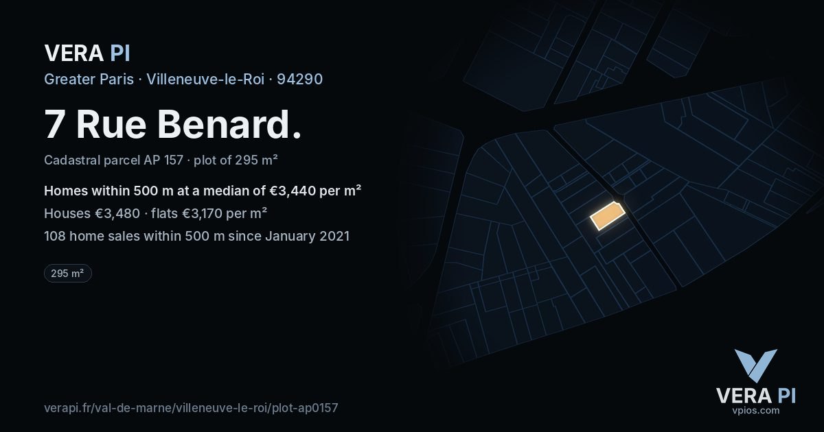 7 Rue Benard, Villeneuve-le-Roi at night – the plot lit, the parcels around coloured by the prices near them