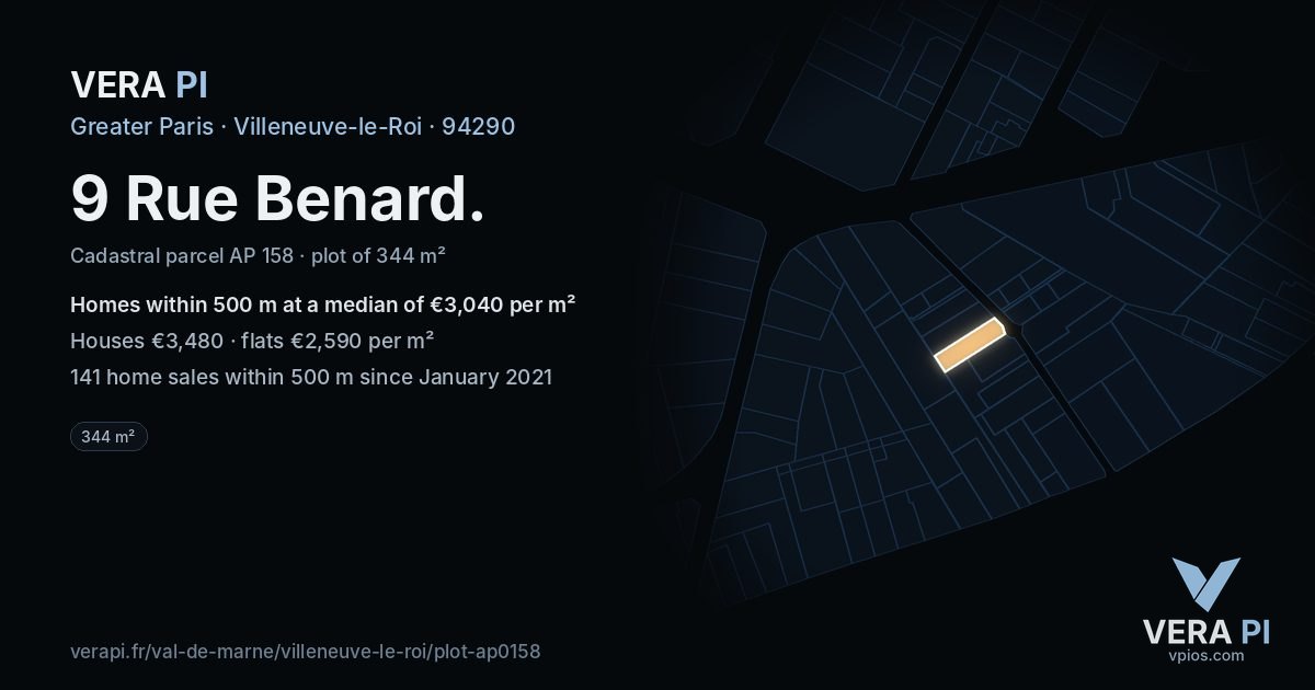 9 Rue Benard, Villeneuve-le-Roi at night – the plot lit, the parcels around coloured by the prices near them