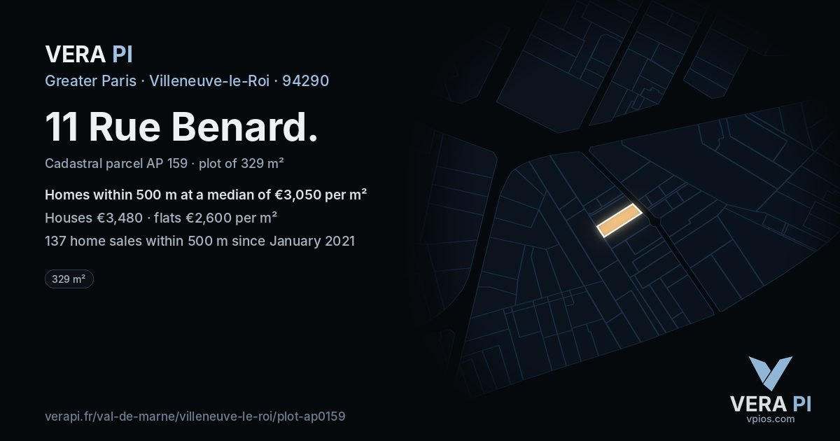 11 Rue Benard, Villeneuve-le-Roi at night – the plot lit, the parcels around coloured by the prices near them