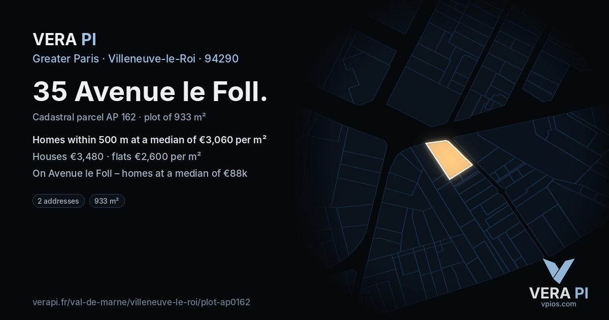 35 Avenue le Foll, Villeneuve-le-Roi at night – the plot lit, the parcels around coloured by the prices near them