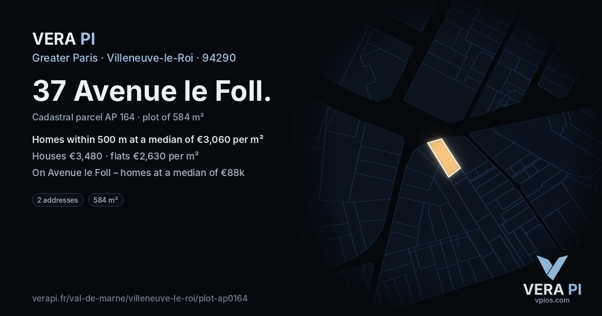 37 Avenue le Foll, Villeneuve-le-Roi at night – the plot lit, the parcels around coloured by the prices near them