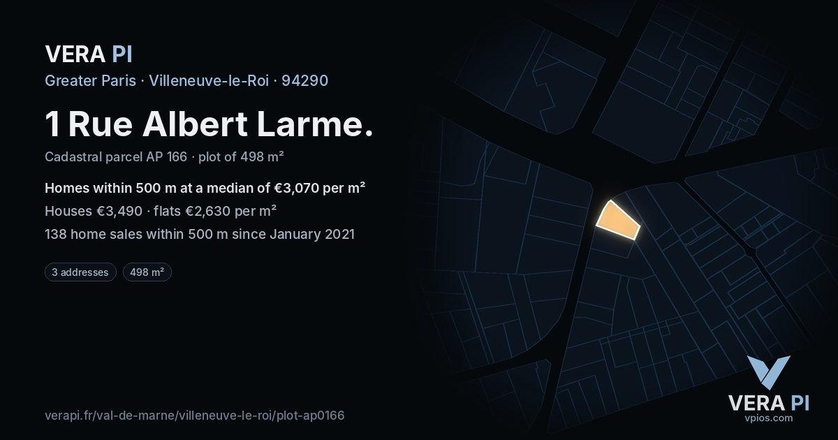 1 Rue Albert Larme, Villeneuve-le-Roi at night – the plot lit, the parcels around coloured by the prices near them