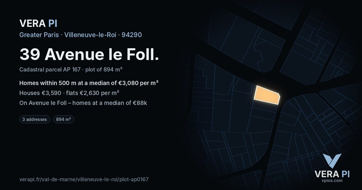 39 Avenue le Foll, Villeneuve-le-Roi at night – the plot lit, the parcels around coloured by the prices near them