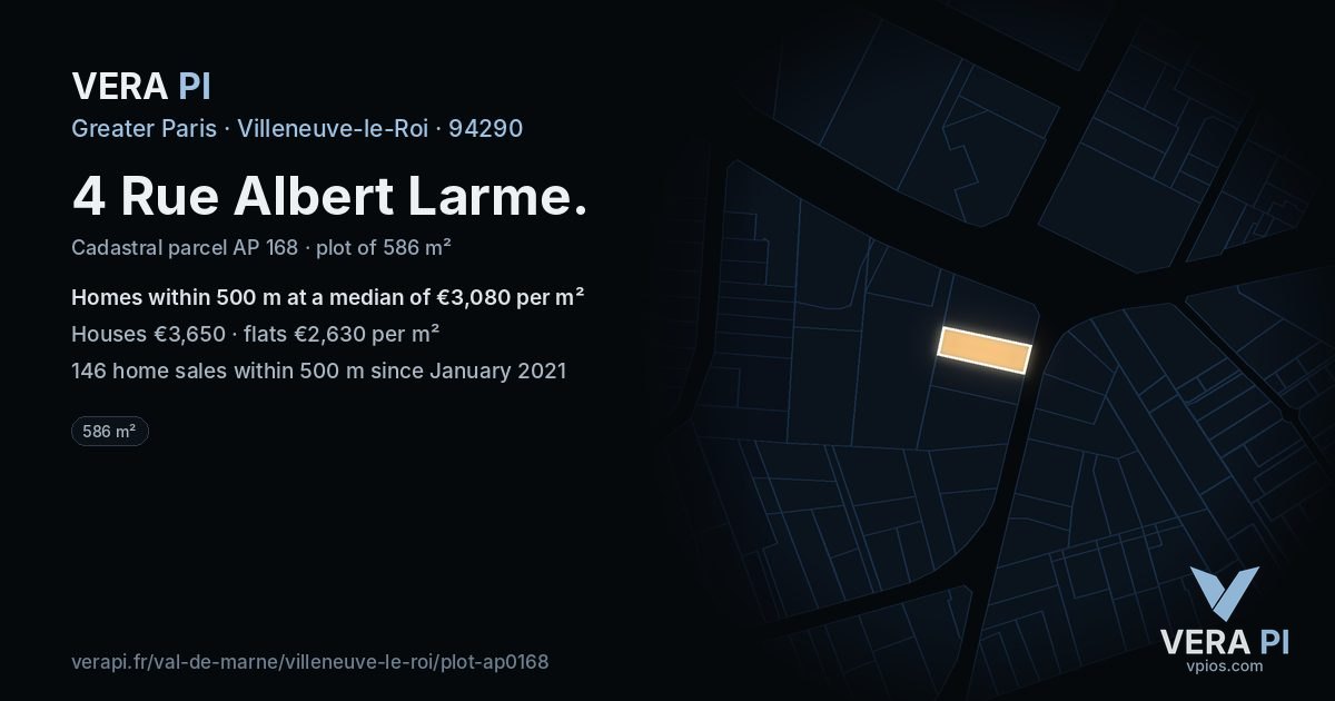 4 Rue Albert Larme, Villeneuve-le-Roi at night – the plot lit, the parcels around coloured by the prices near them