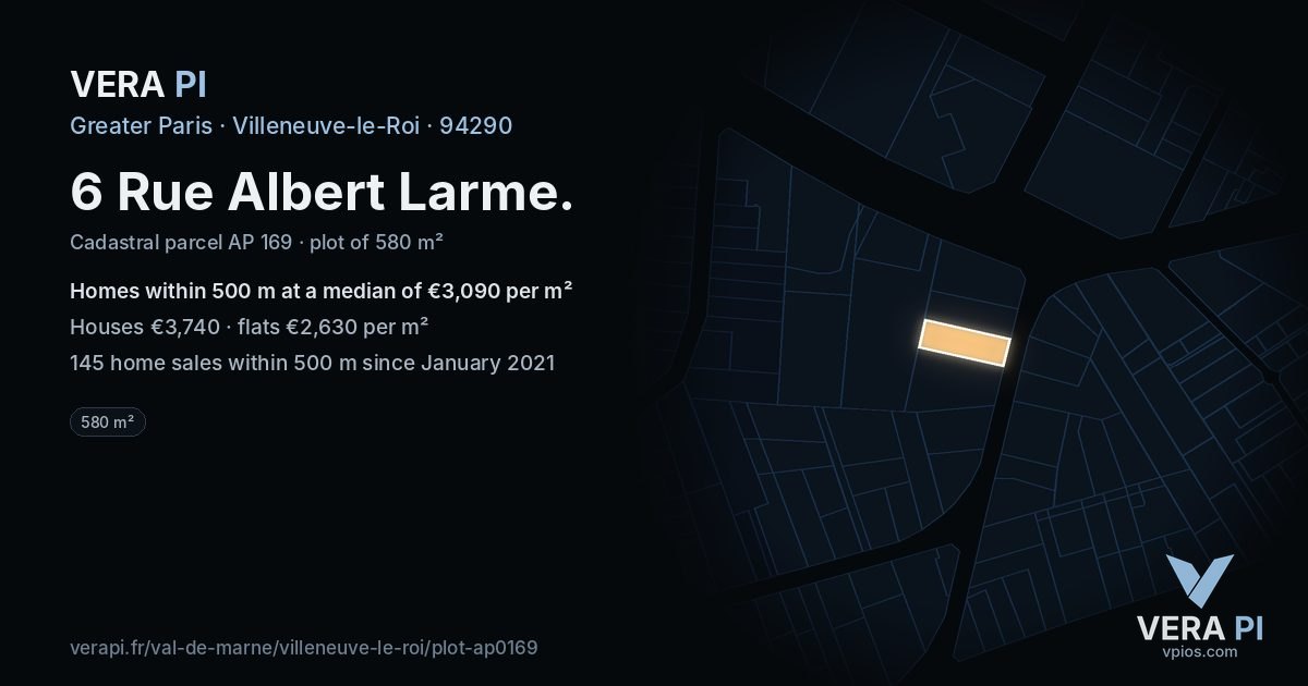 6 Rue Albert Larme, Villeneuve-le-Roi at night – the plot lit, the parcels around coloured by the prices near them