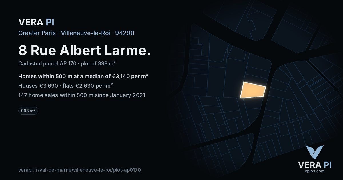 8 Rue Albert Larme, Villeneuve-le-Roi at night – the plot lit, the parcels around coloured by the prices near them