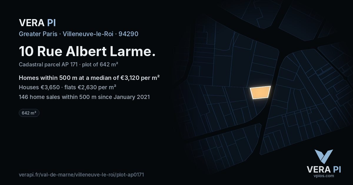 10 Rue Albert Larme, Villeneuve-le-Roi at night – the plot lit, the parcels around coloured by the prices near them