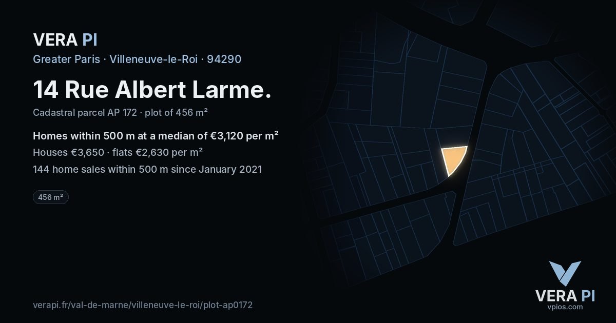 14 Rue Albert Larme, Villeneuve-le-Roi at night – the plot lit, the parcels around coloured by the prices near them