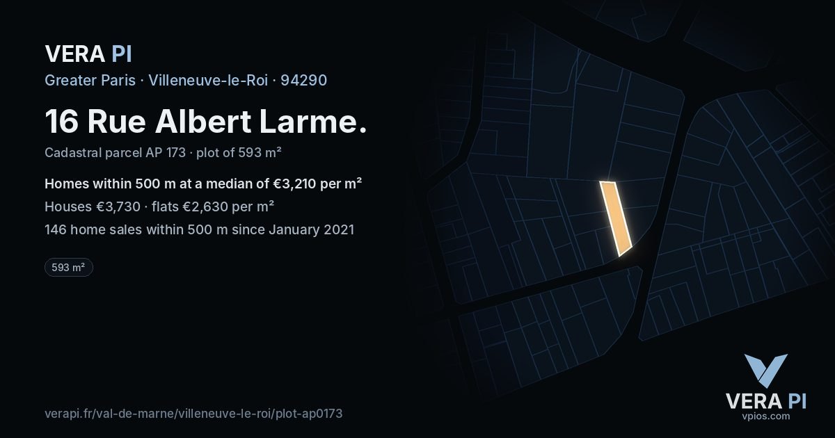 16 Rue Albert Larme, Villeneuve-le-Roi at night – the plot lit, the parcels around coloured by the prices near them