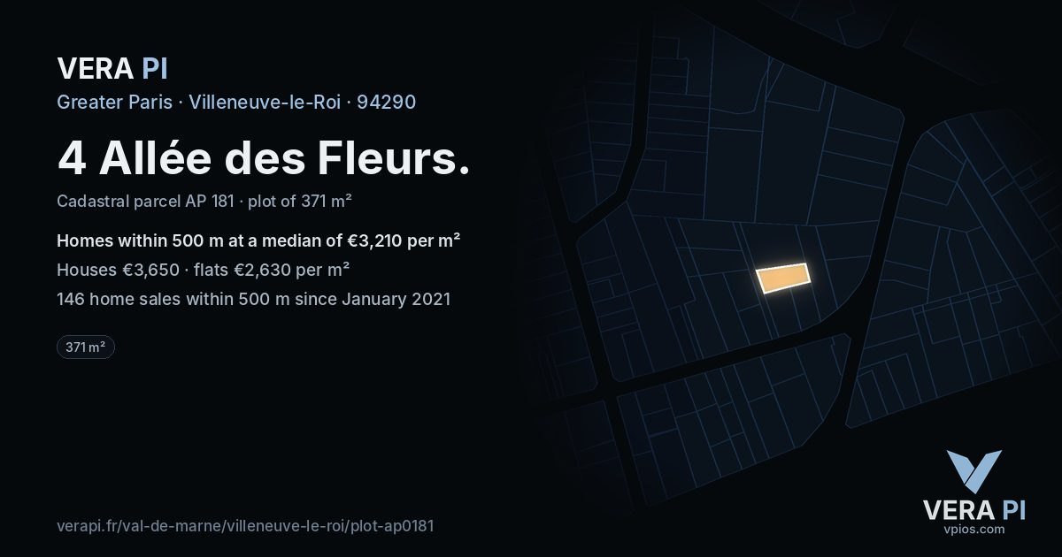 4 Allée des Fleurs, Villeneuve-le-Roi at night – the plot lit, the parcels around coloured by the prices near them