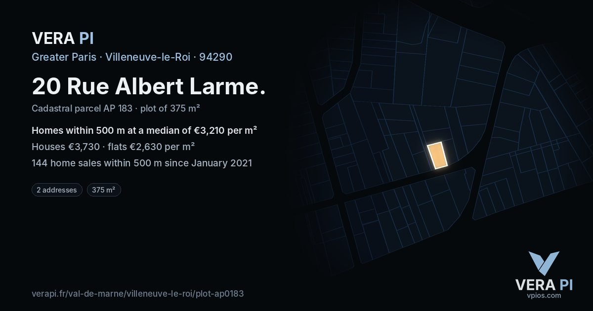 20 Rue Albert Larme, Villeneuve-le-Roi at night – the plot lit, the parcels around coloured by the prices near them