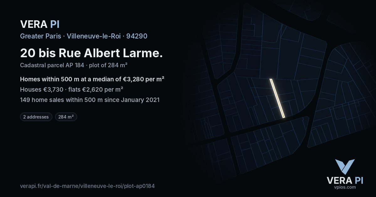 20 bis Rue Albert Larme, Villeneuve-le-Roi at night – the plot lit, the parcels around coloured by the prices near them
