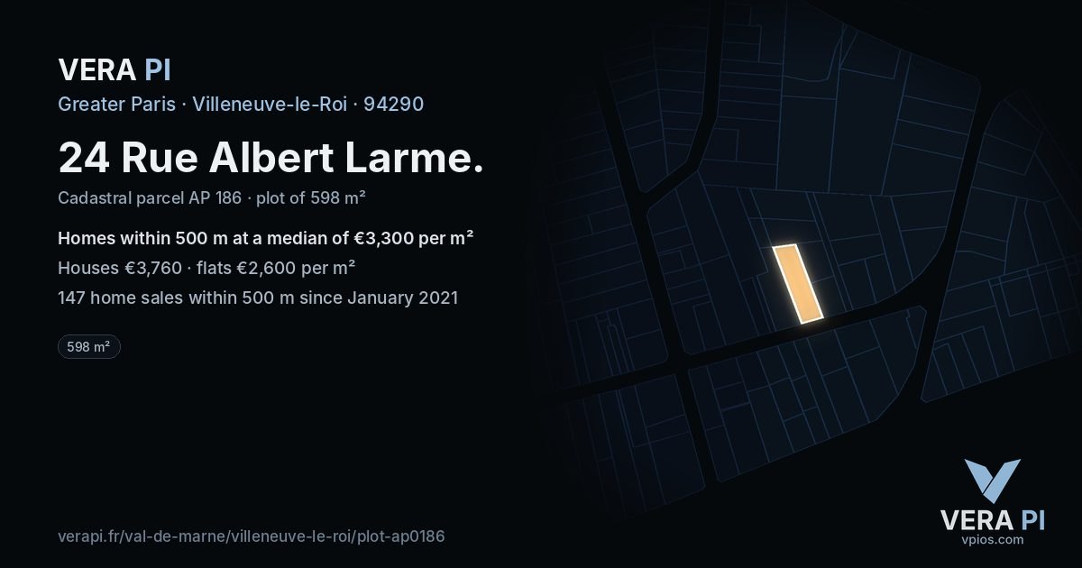 24 Rue Albert Larme, Villeneuve-le-Roi at night – the plot lit, the parcels around coloured by the prices near them