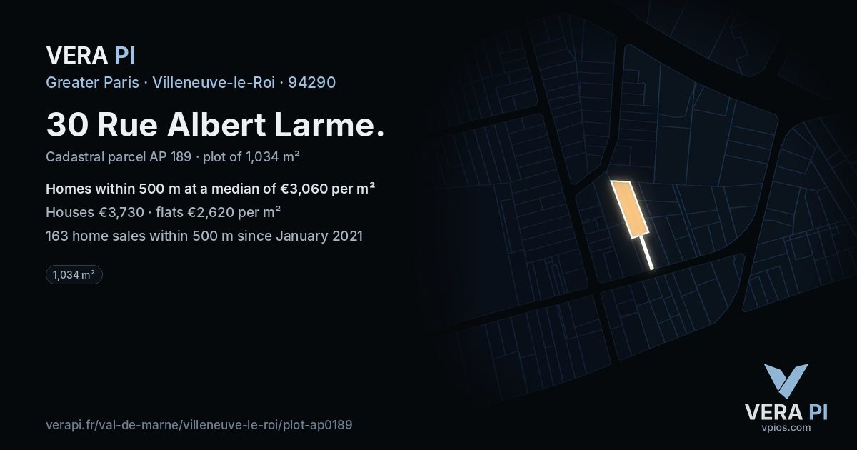 30 Rue Albert Larme, Villeneuve-le-Roi at night – the plot lit, the parcels around coloured by the prices near them