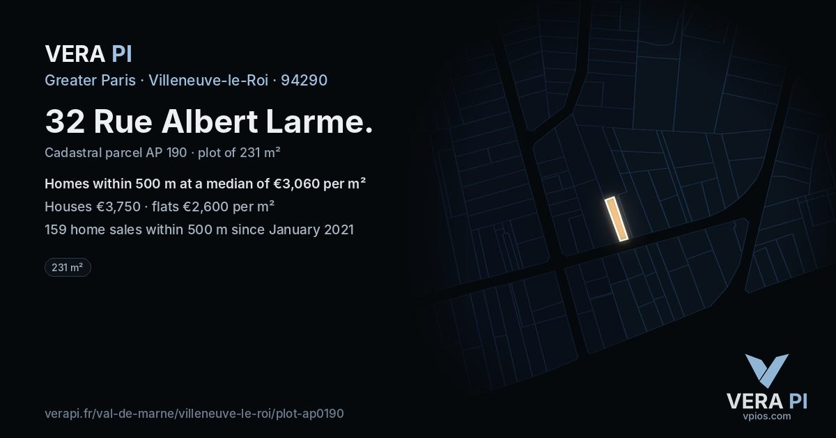 32 Rue Albert Larme, Villeneuve-le-Roi at night – the plot lit, the parcels around coloured by the prices near them