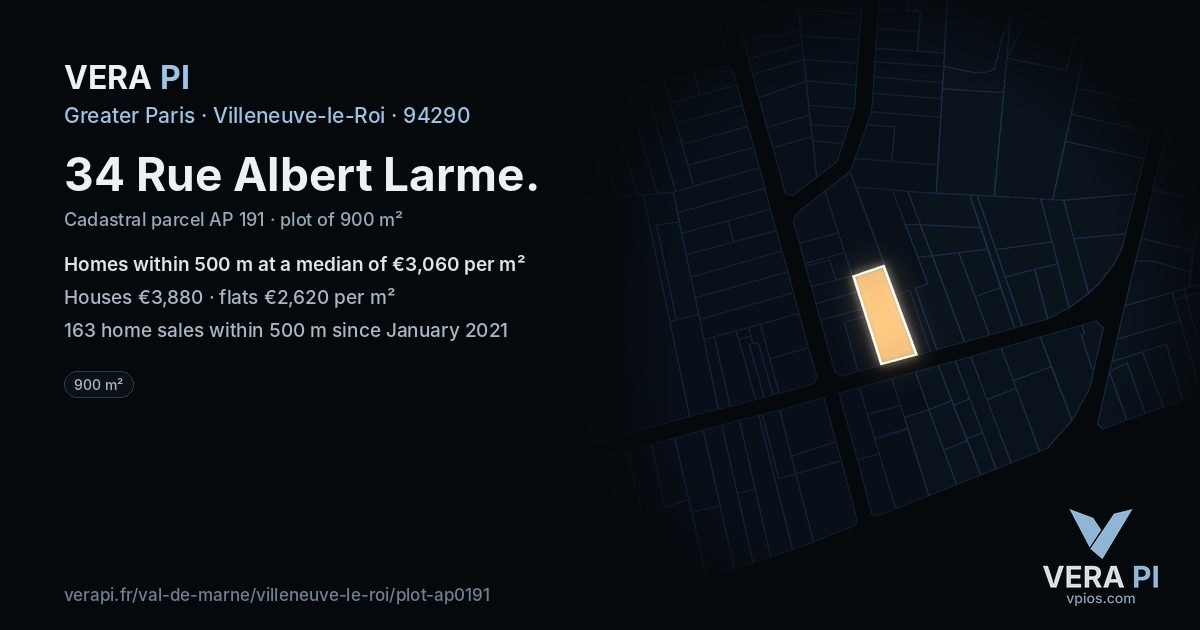 34 Rue Albert Larme, Villeneuve-le-Roi at night – the plot lit, the parcels around coloured by the prices near them