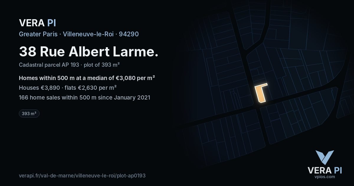 38 Rue Albert Larme, Villeneuve-le-Roi at night – the plot lit, the parcels around coloured by the prices near them