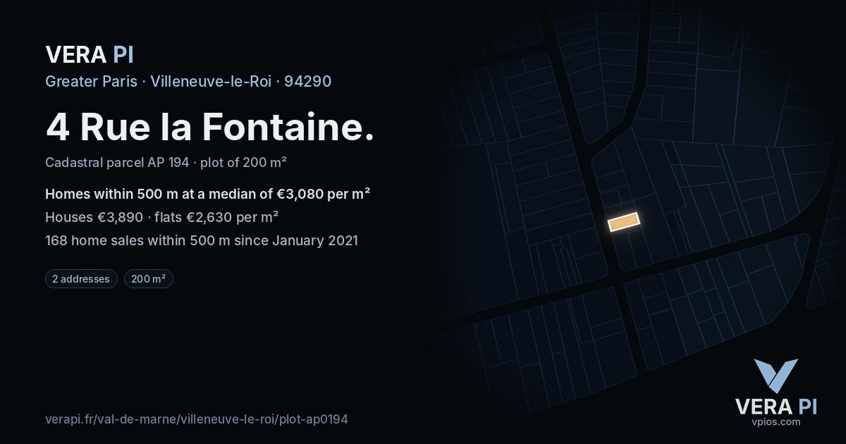 4 Rue la Fontaine, Villeneuve-le-Roi at night – the plot lit, the parcels around coloured by the prices near them