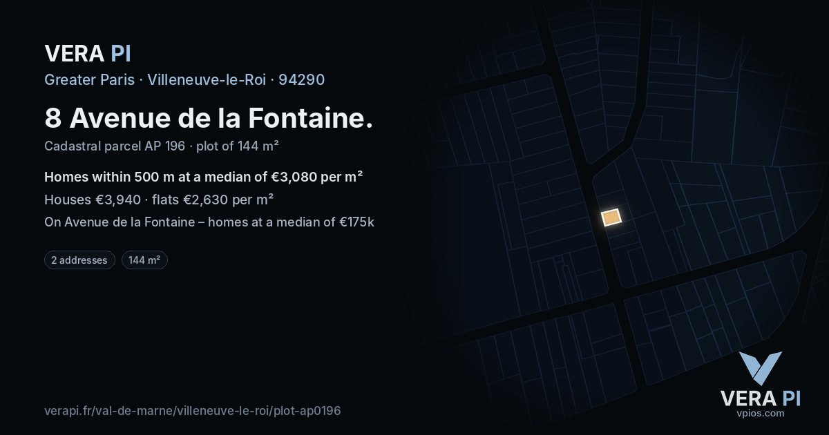 8 Avenue de la Fontaine, Villeneuve-le-Roi at night – the plot lit, the parcels around coloured by the prices near them