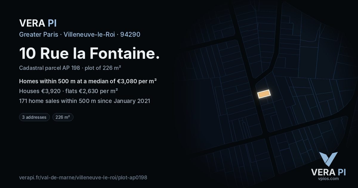 10 Rue la Fontaine, Villeneuve-le-Roi at night – the plot lit, the parcels around coloured by the prices near them