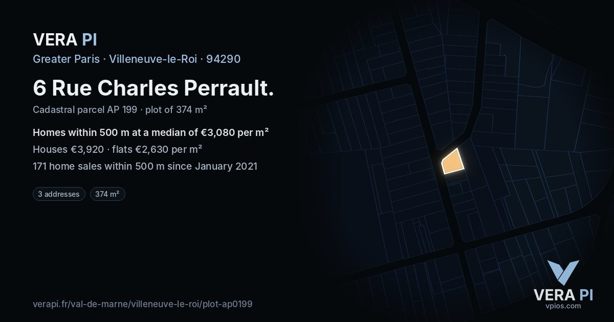 6 Rue Charles Perrault, Villeneuve-le-Roi at night – the plot lit, the parcels around coloured by the prices near them