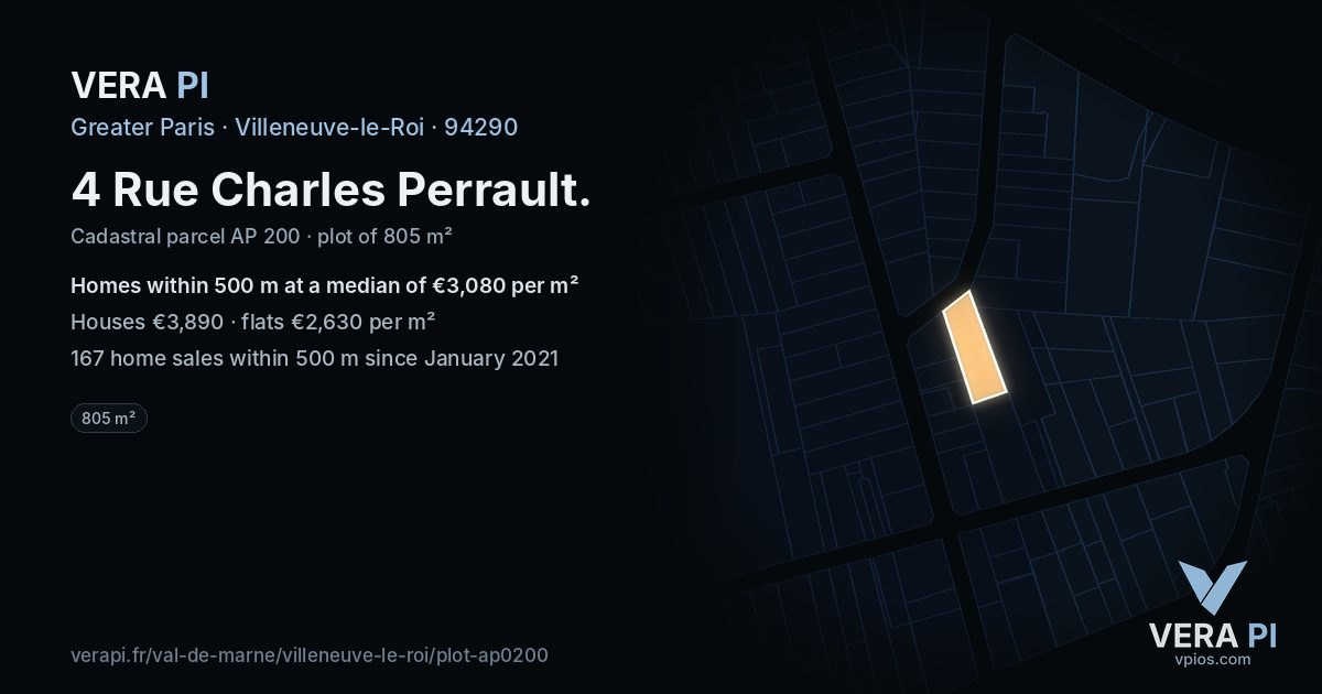 4 Rue Charles Perrault, Villeneuve-le-Roi at night – the plot lit, the parcels around coloured by the prices near them