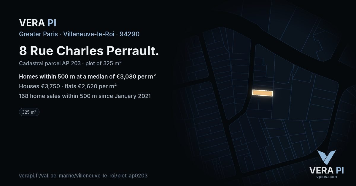 8 Rue Charles Perrault, Villeneuve-le-Roi at night – the plot lit, the parcels around coloured by the prices near them