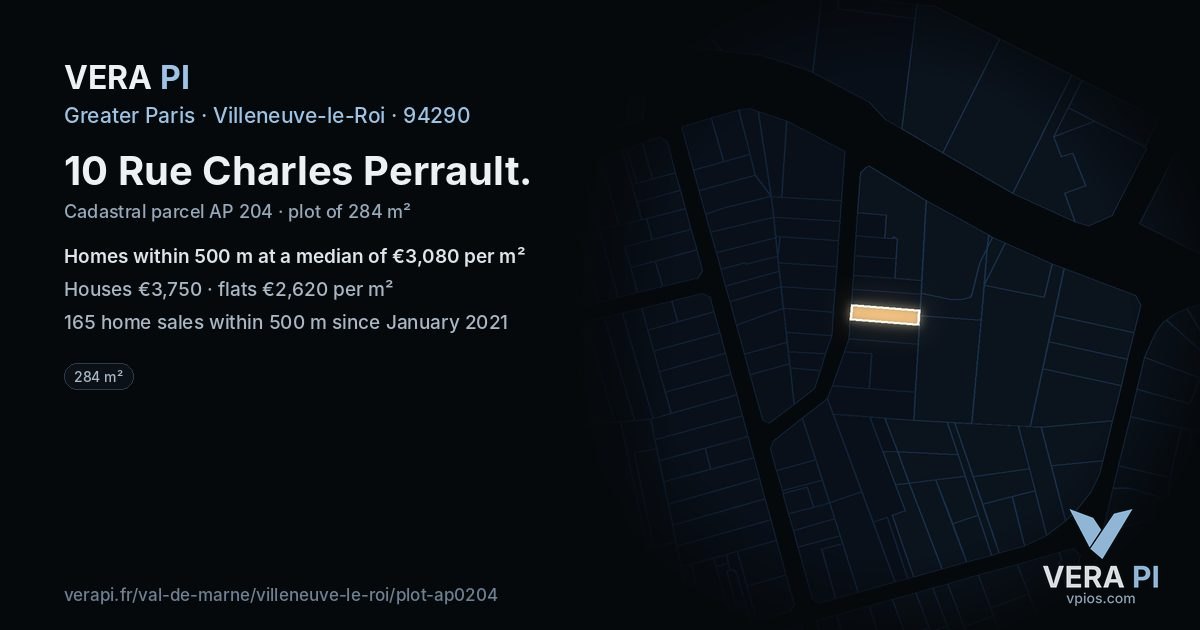 10 Rue Charles Perrault, Villeneuve-le-Roi at night – the plot lit, the parcels around coloured by the prices near them