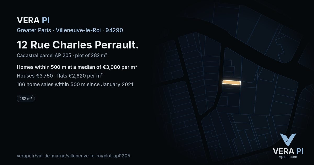 12 Rue Charles Perrault, Villeneuve-le-Roi at night – the plot lit, the parcels around coloured by the prices near them
