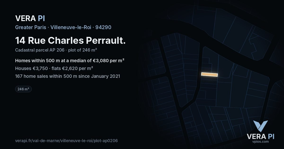14 Rue Charles Perrault, Villeneuve-le-Roi at night – the plot lit, the parcels around coloured by the prices near them