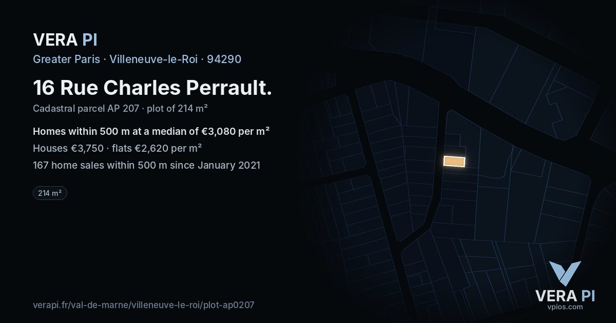 16 Rue Charles Perrault, Villeneuve-le-Roi at night – the plot lit, the parcels around coloured by the prices near them