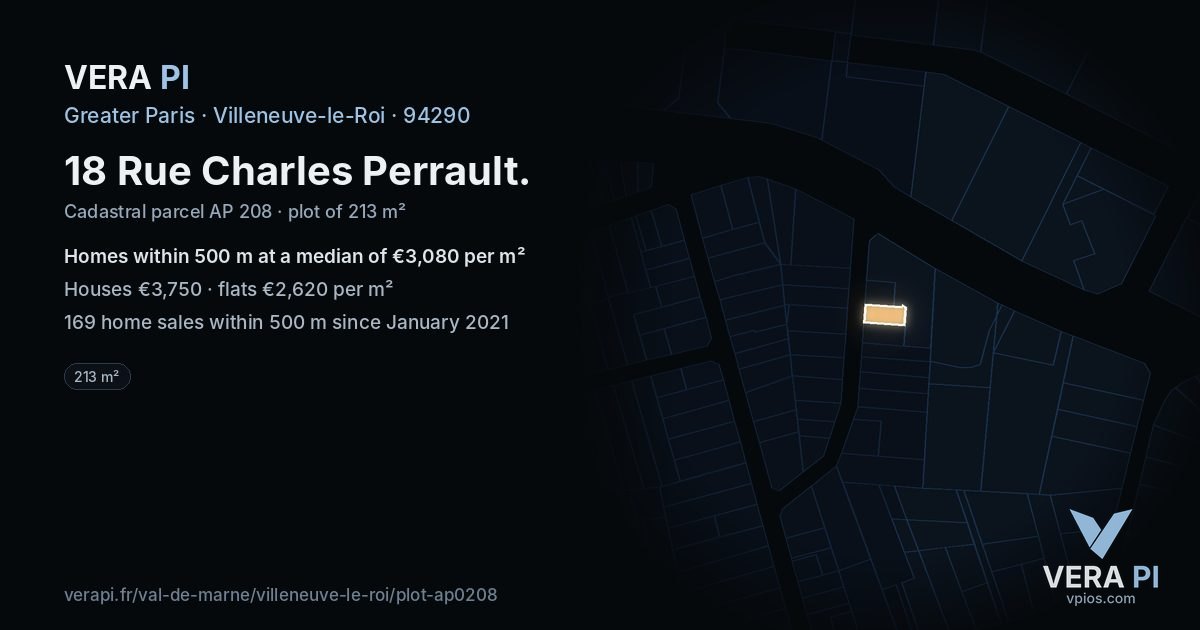 18 Rue Charles Perrault, Villeneuve-le-Roi at night – the plot lit, the parcels around coloured by the prices near them