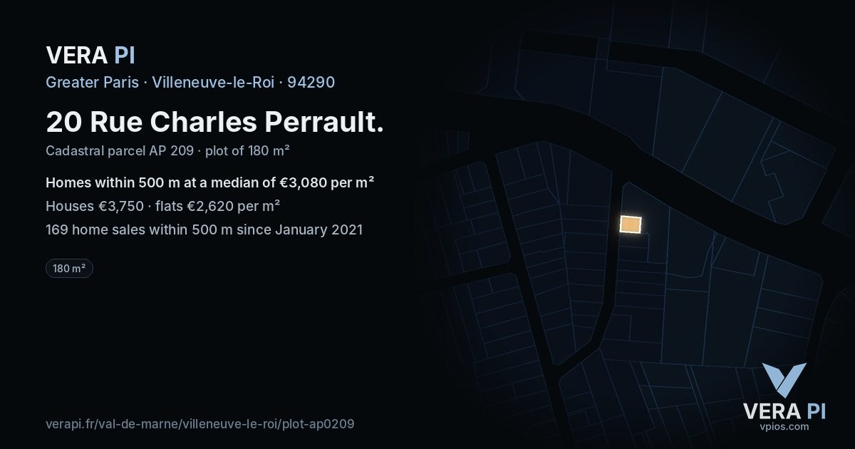20 Rue Charles Perrault, Villeneuve-le-Roi at night – the plot lit, the parcels around coloured by the prices near them